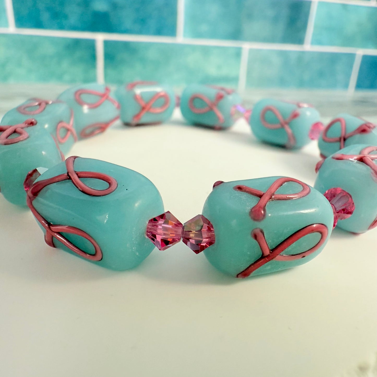 Glass Breast Cancer Stretch Bracelet