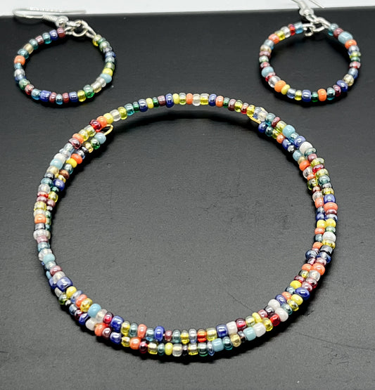 Multicolored Glass Seed Beads Bracelet + Earrings