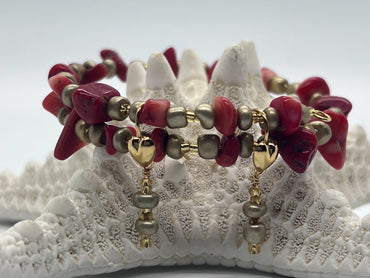 Red Bamboo Coral Bracelet + Earrings in Gold