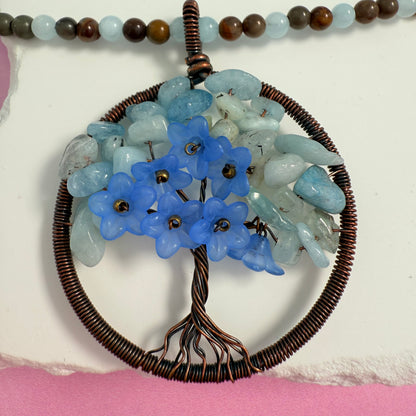 Aquamarine Beaded Tree of Life Necklace