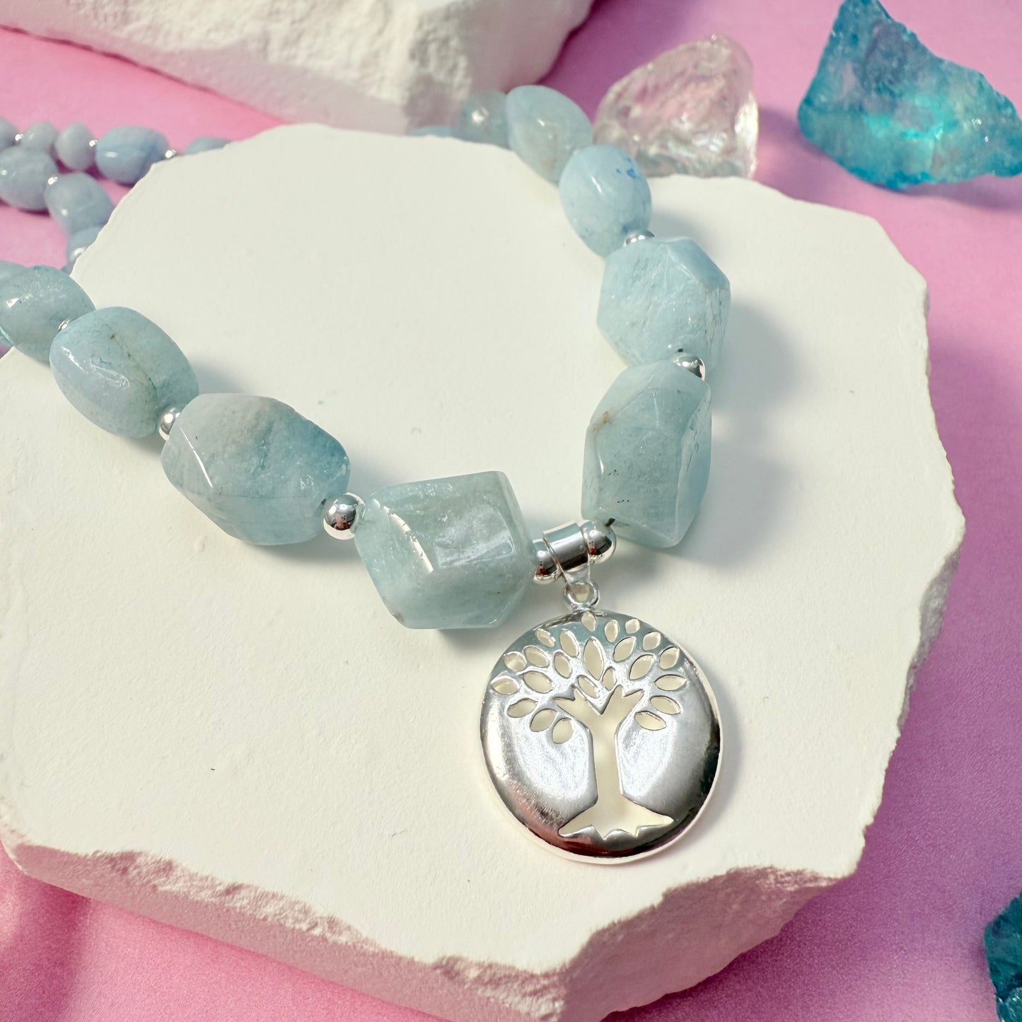 Sterling Aquamarine Tree of Life Necklace