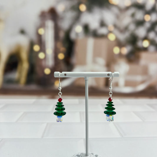 Green Crystal Christmas Tree Earrings