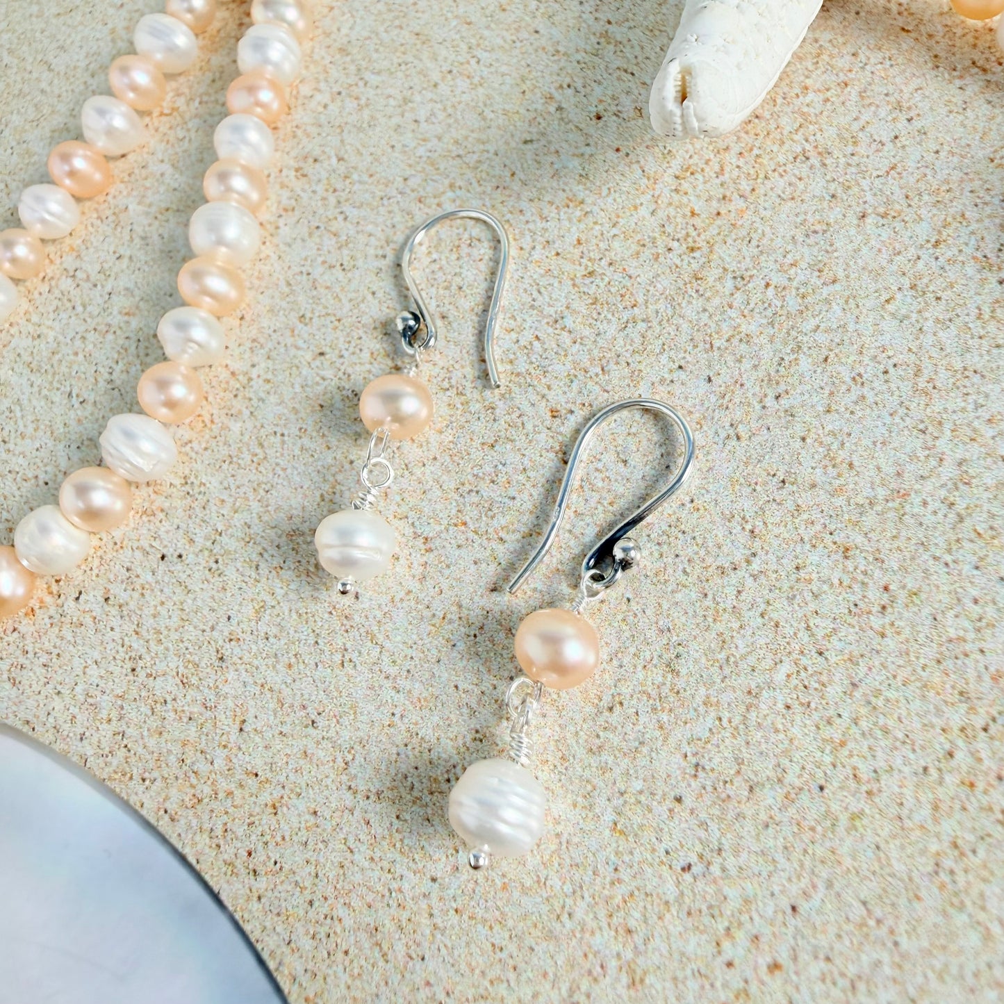 White & Peach Pearl Earrings
