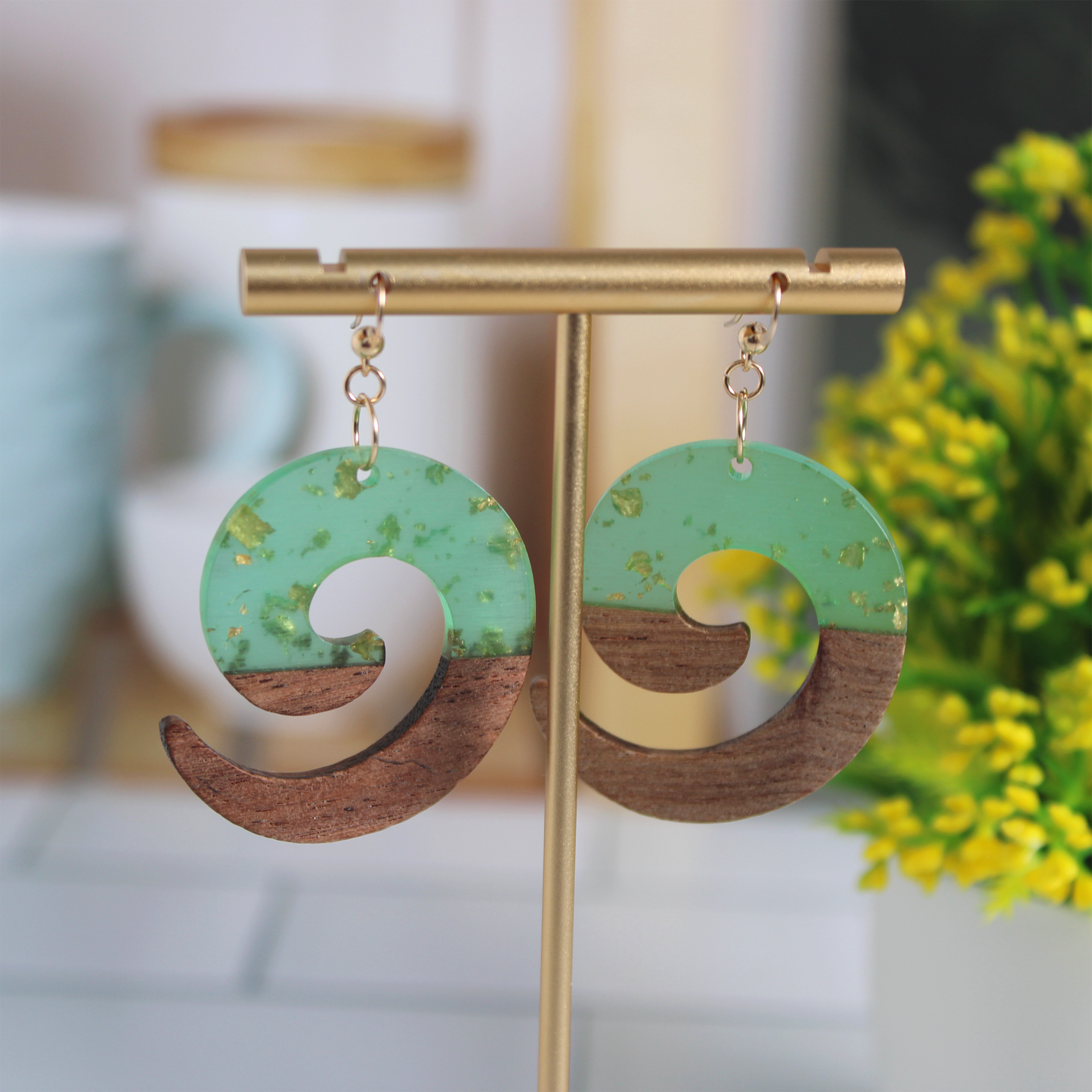 Golden Green Walnut Earrings