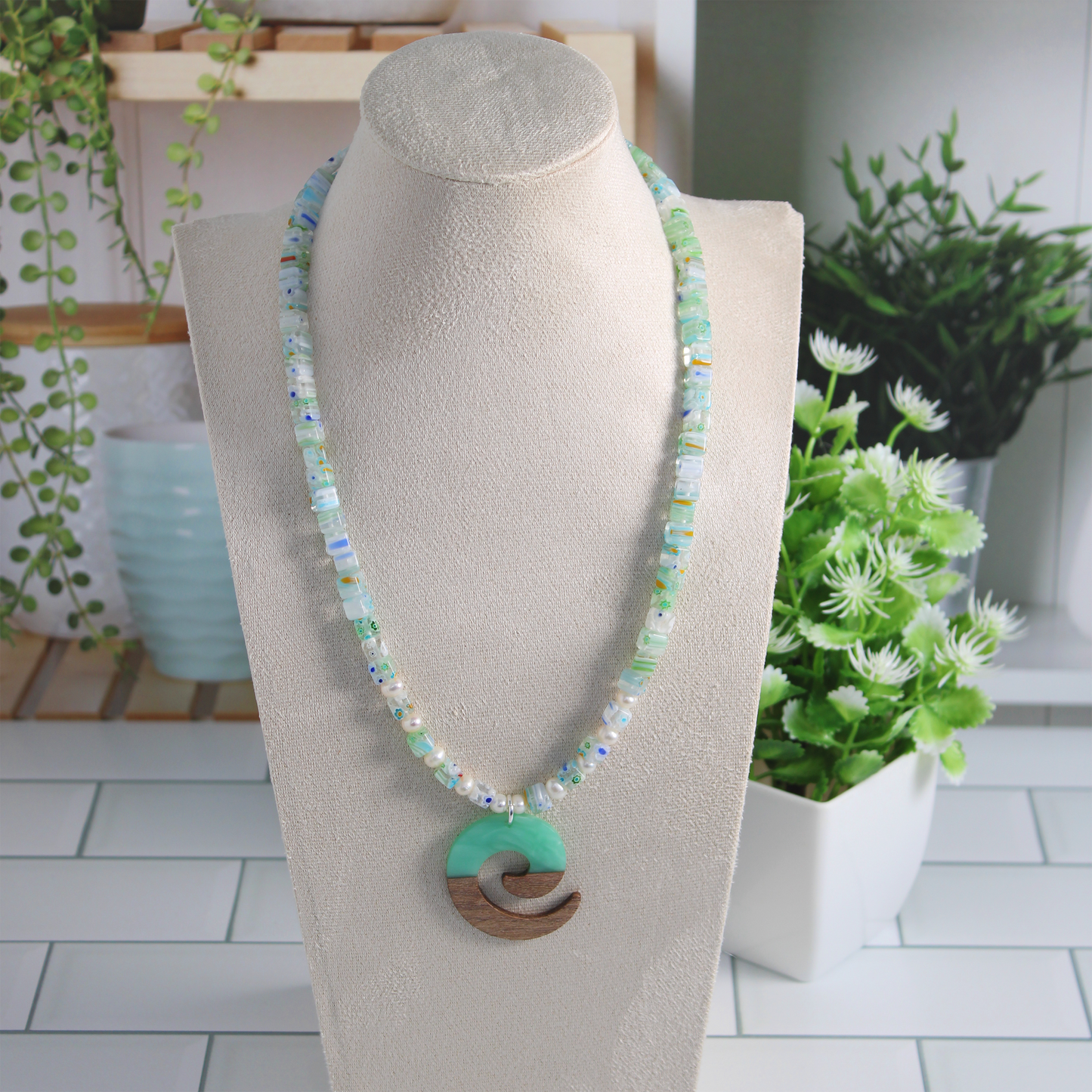 Millefiori + Walnut Resin Pendant Necklace
