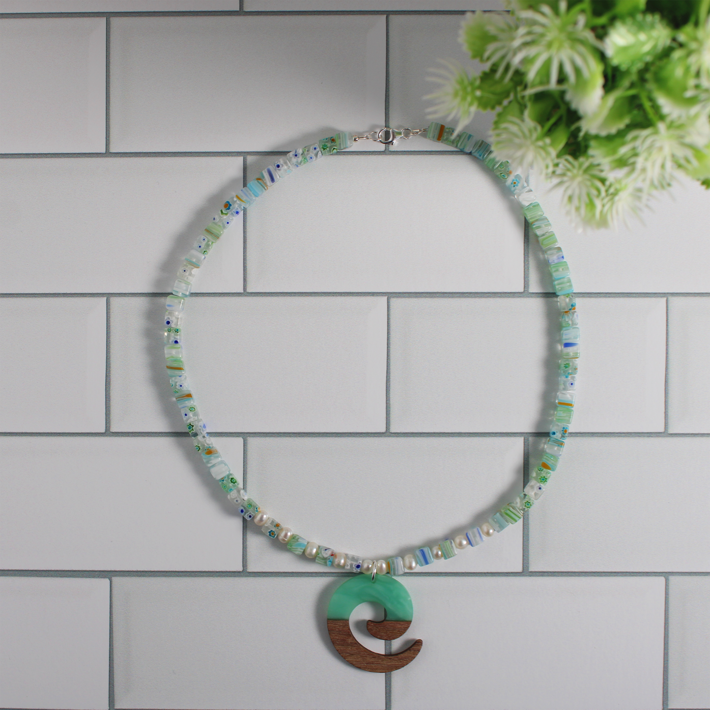 Millefiori + Walnut Resin Pendant Necklace