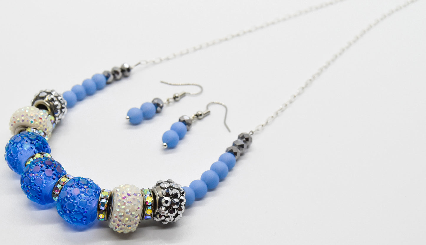 Blue Pave Bead Necklace + Earrings