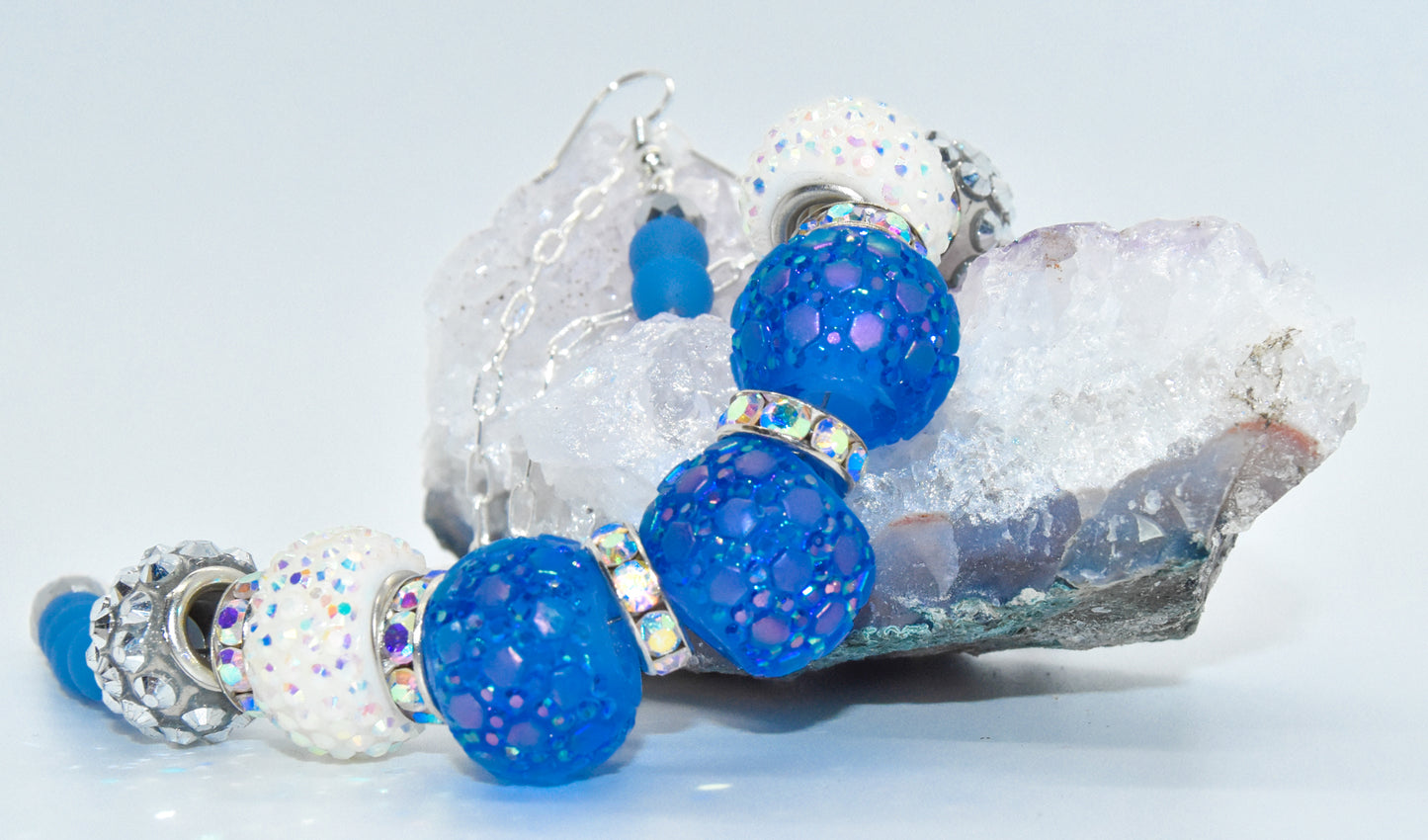 Blue Pave Bead Necklace + Earrings