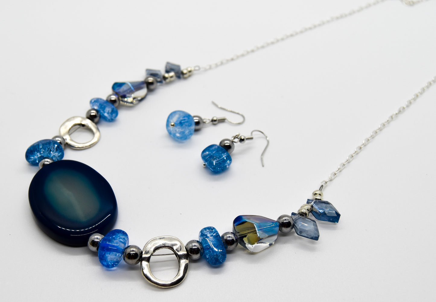 Blue Stone and Cracked Glass Necklace + Earrings