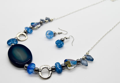 Blue Stone and Cracked Glass Necklace + Earrings