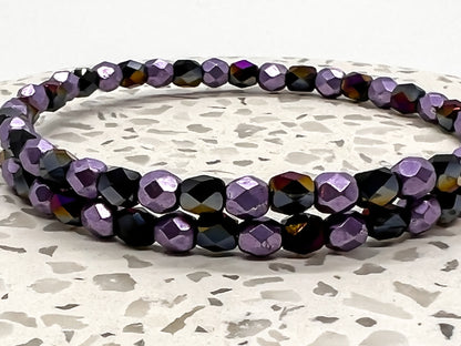 Metallic Crocus & Jet Golden Purple Czech Glass Wrap Bracelet