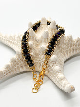 Load image into Gallery viewer, Jet Golden Purple Czech Glass Sewn Gold Bracelet