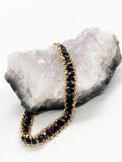 Jet Golden Purple Czech Glass Sewn Gold Bracelet