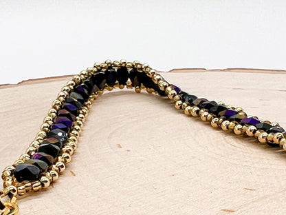 Jet Golden Purple Czech Glass Sewn Gold Bracelet