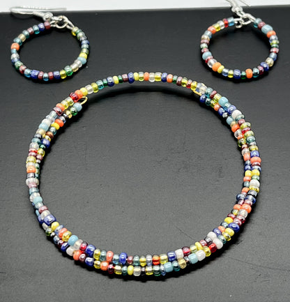 Multicolored Glass Seed Beads Bracelet + Earrings