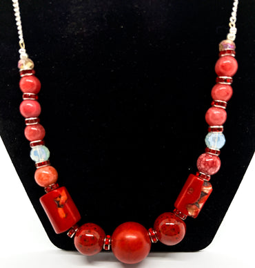 Red Wood Glass & Stone Necklace + Earrings