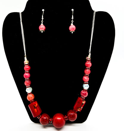 Red Wood Glass & Stone Necklace + Earrings