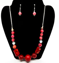 Load image into Gallery viewer, Red Wood Glass &amp; Stone Necklace + Earrings

