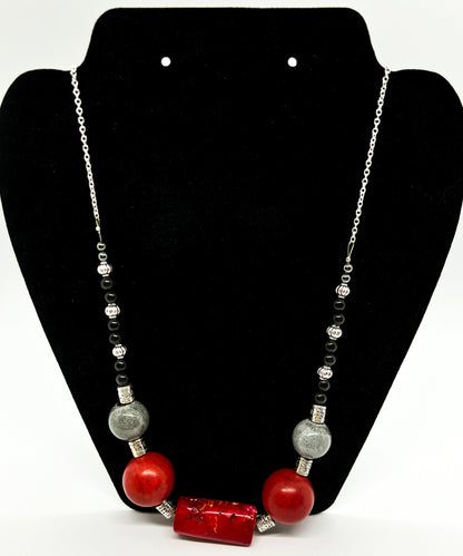 Red Bamboo Wood Glass Bead Necklace