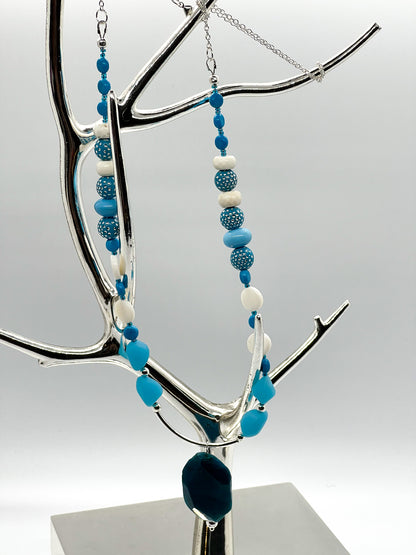 Aqua Dyed Agate Shell Recycled Glass Necklace