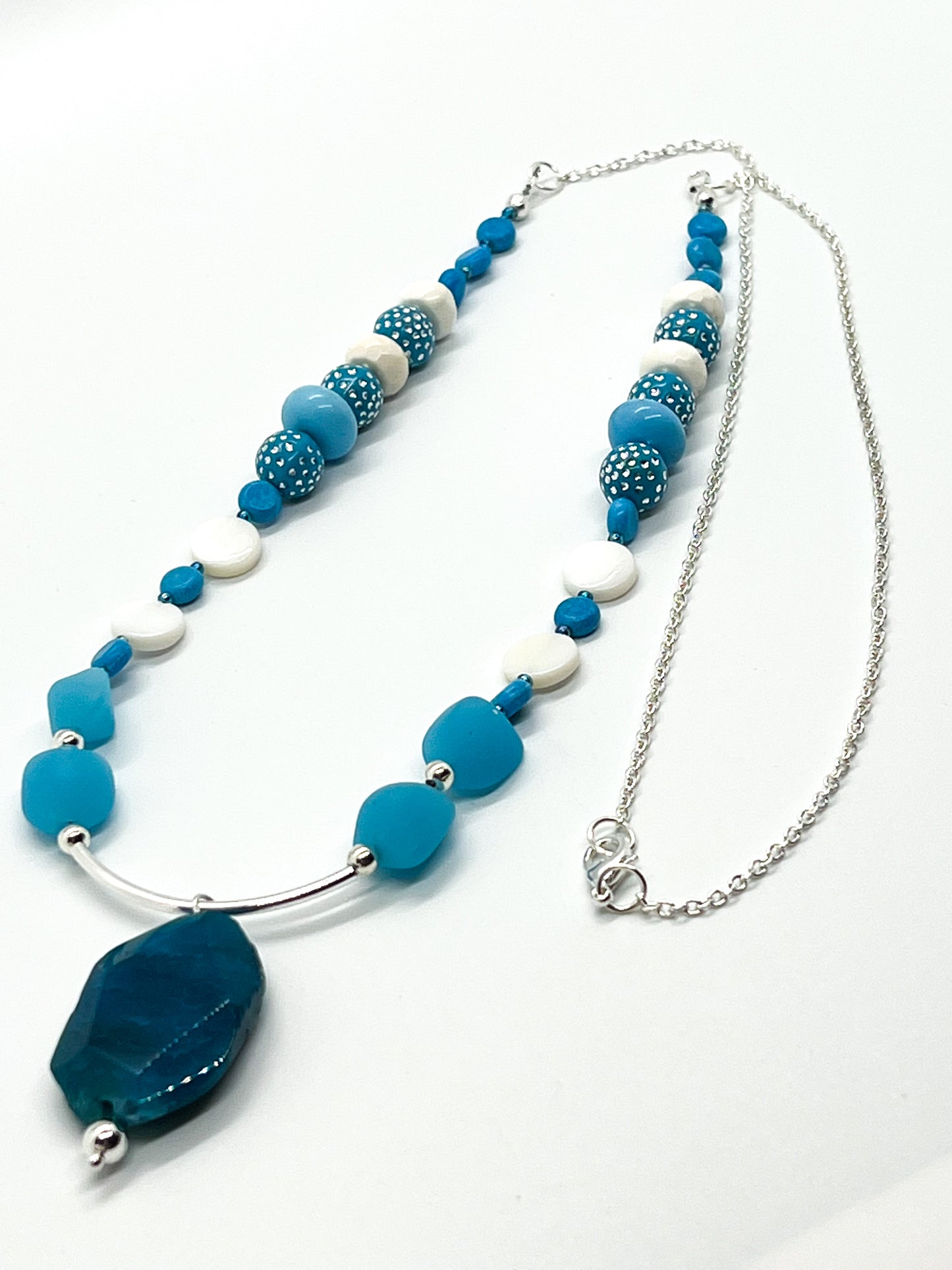 Aqua Dyed Agate Shell Recycled Glass Necklace