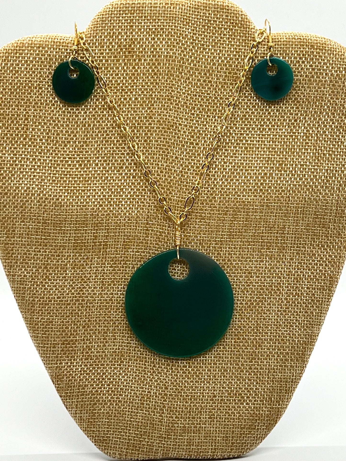 Green Agate Disc Necklace + Earrings Set