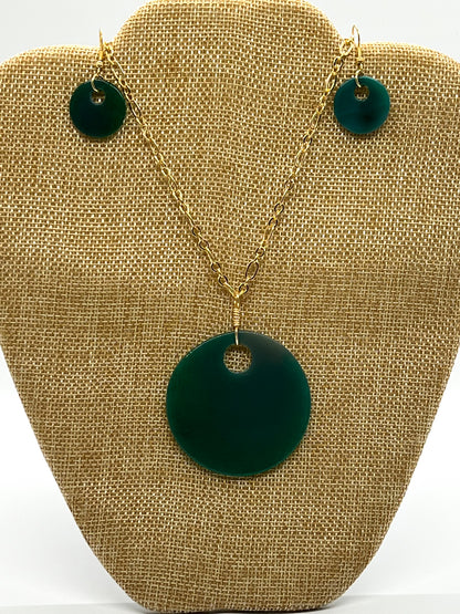 Green Agate Disc Necklace + Earrings Set