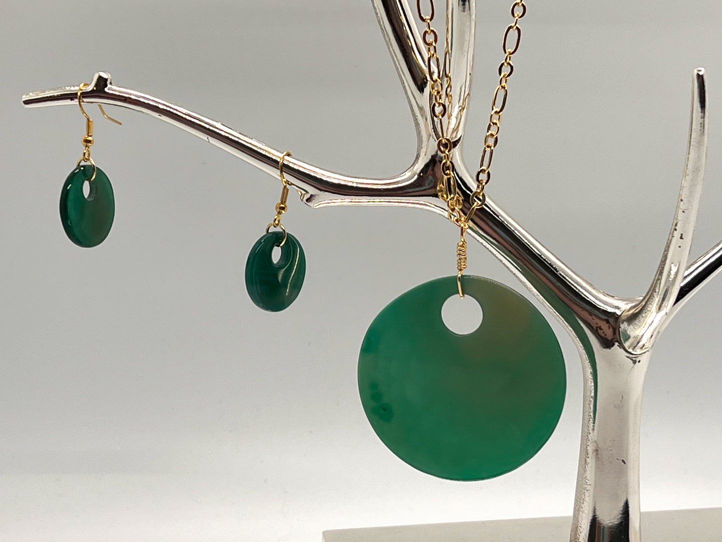 Green Agate Disc Necklace + Earrings Set