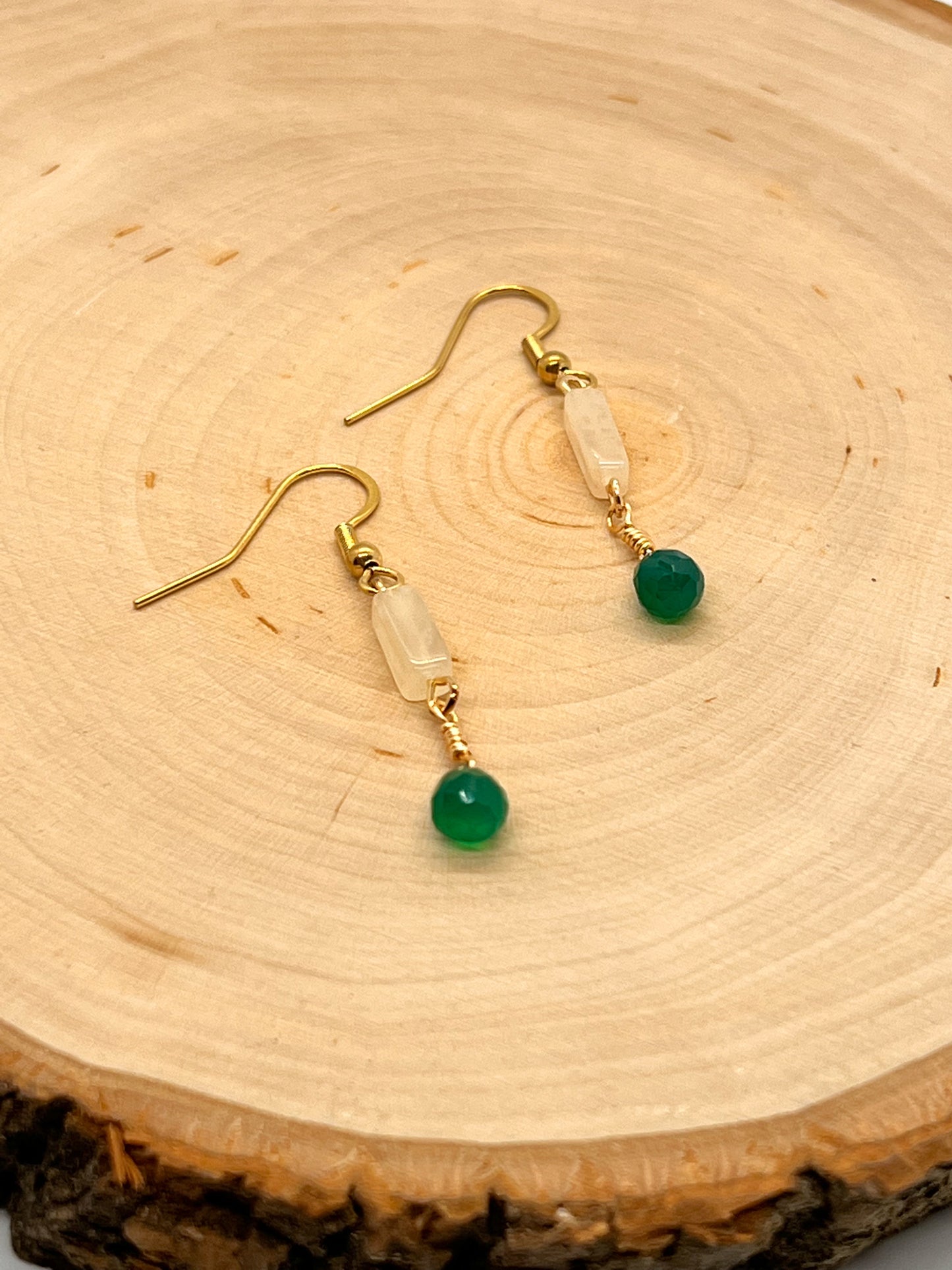 Green Onyx & Cream Quartz Drop Earrings