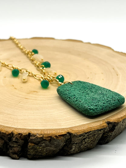 Green Lava, Quartz & Onyx Gold Necklace