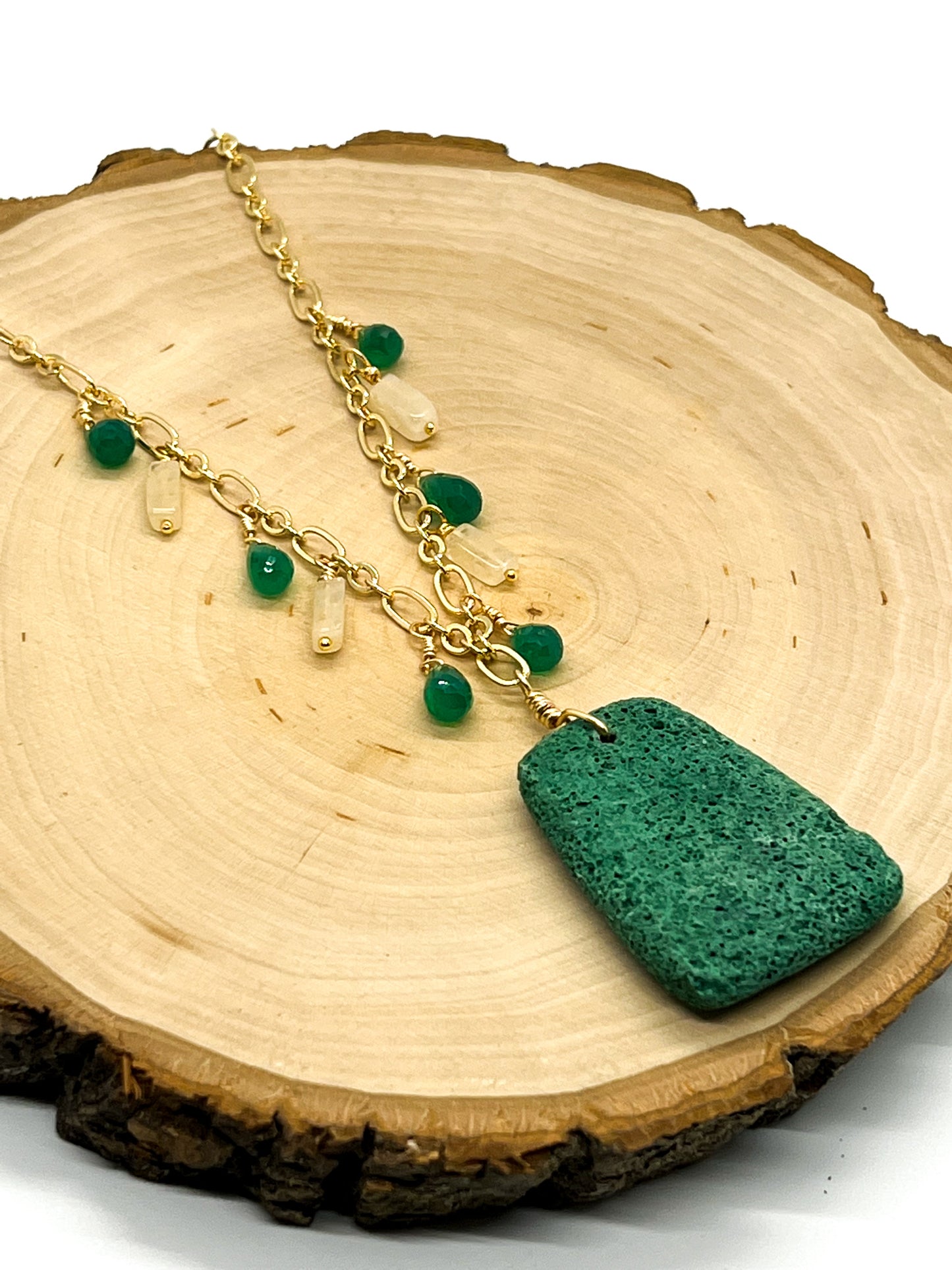 Green Lava, Quartz & Onyx Gold Necklace