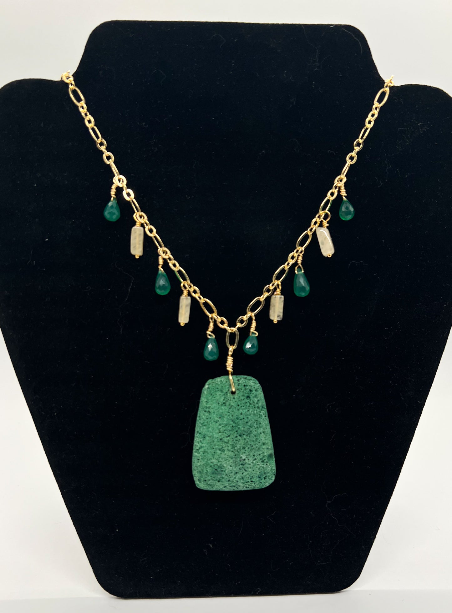 Green Lava, Quartz & Onyx Gold Necklace