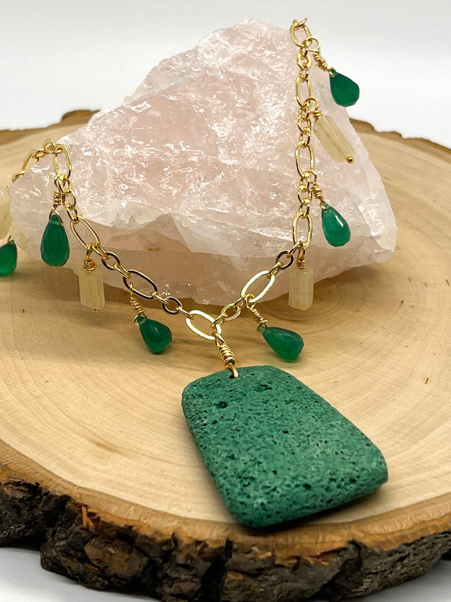 Green Lava, Quartz & Onyx Gold Necklace