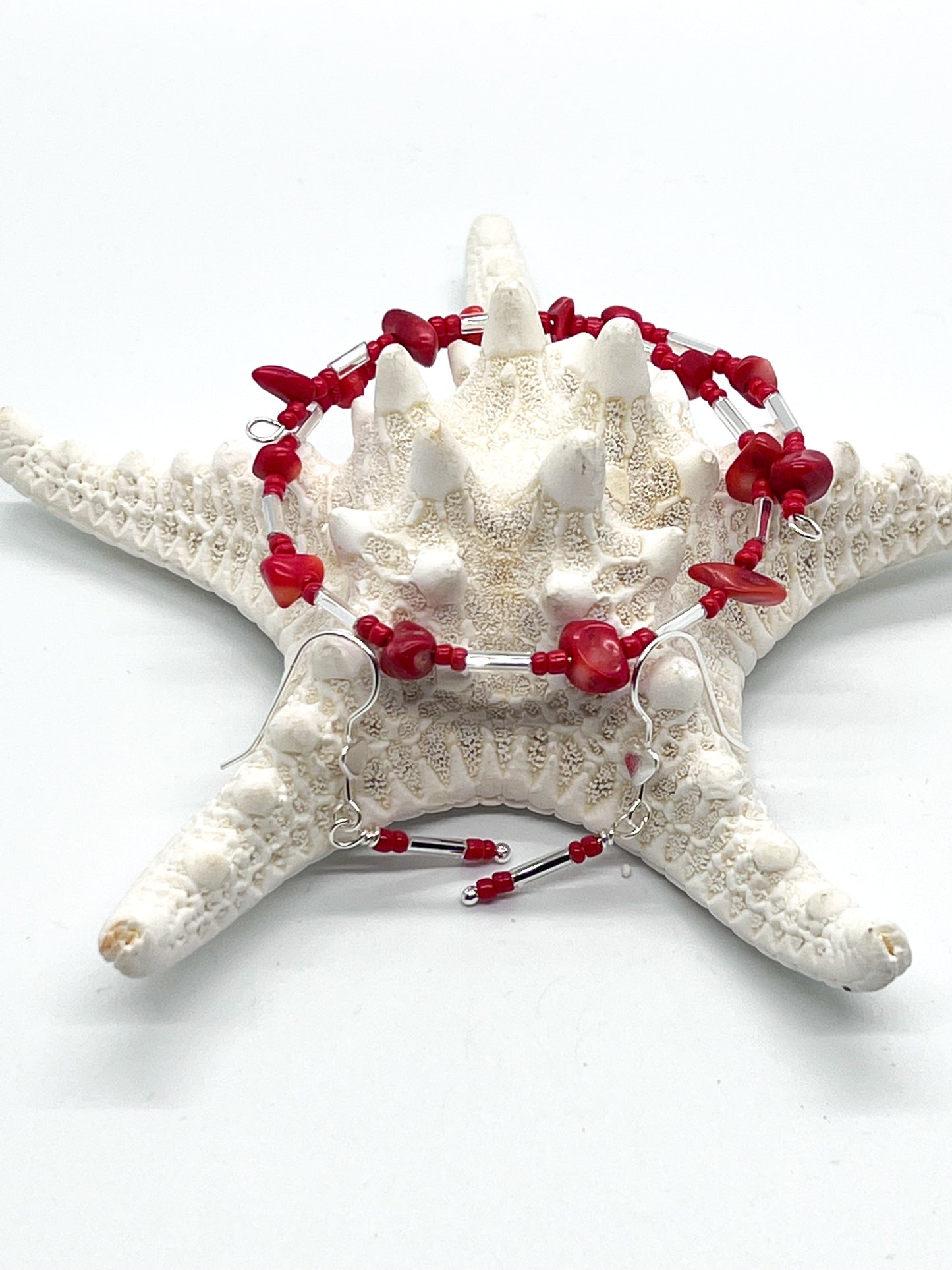 Red Bamboo Coral Bracelet & Earrings in Silver