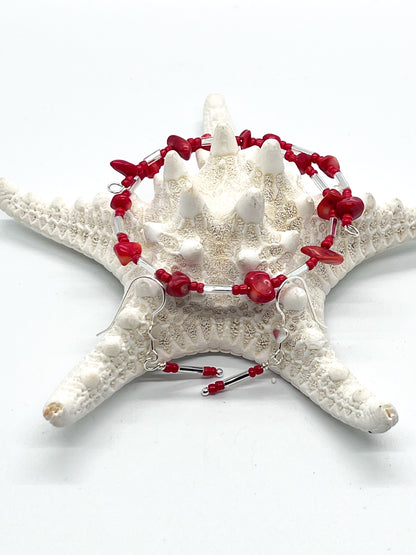 Red Bamboo Coral Bracelet & Earrings in Silver