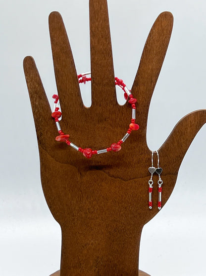 Red Bamboo Coral Bracelet & Earrings in Silver
