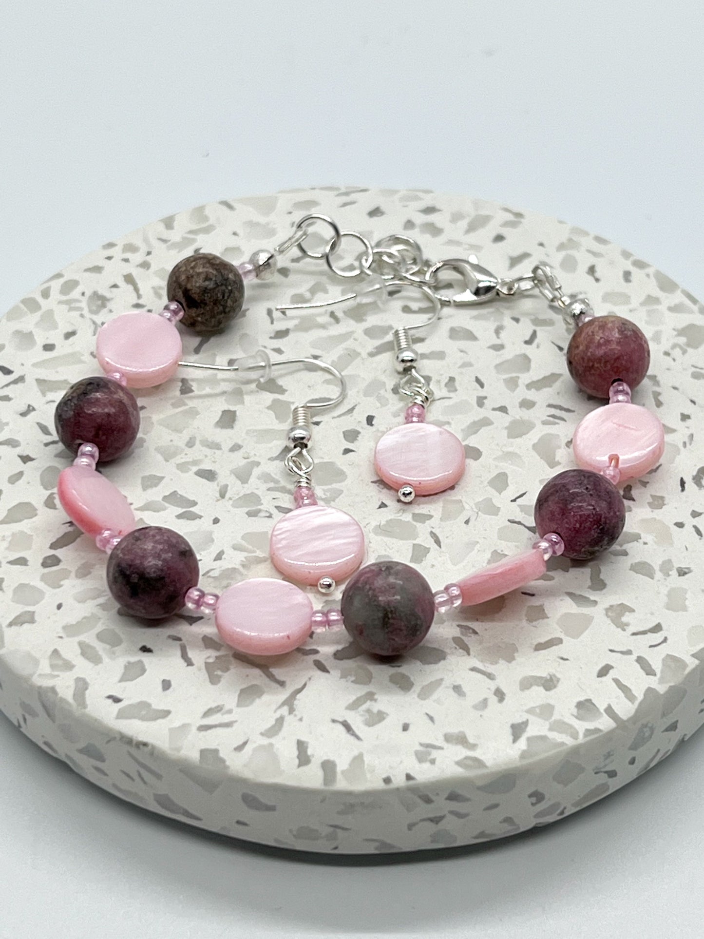 Pink Rhodonite & Shell Bracelet + Earrings